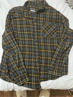 Organic Basics Black Plaid Button-Down Shirt with Yellow and Blue Lines